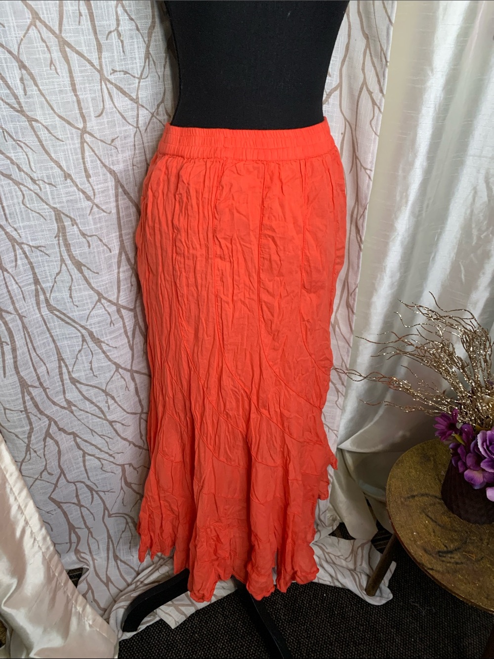 Women's Crinkle Midi Skirt in Bright Orange